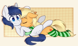 Size: 1200x714 | Tagged: safe, artist:higglytownhero, derpibooru import, applejack, oc, oc:constance everheart, earth pony, pony, canon x oc, clothes, cuddling, everjack, female, male, shipping, smiling, socks, straight, striped socks