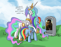 Size: 780x600 | Tagged: safe, princess celestia, rainbow dash, alicorn, pegasus, pony, butt, celestia's grave meme, exploitable meme, female, grave, gravestone, implied death, lee everett, mare, plot, spoilers for another series, the walking dead