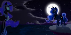 Size: 3000x1495 | Tagged: safe, artist:mdsk-rb, nightmare moon, princess luna, alicorn, pony, crown, duo, duo female, female, horn, mare