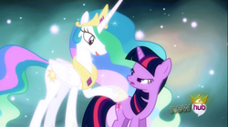 Size: 1256x705 | Tagged: safe, screencap, princess celestia, twilight sparkle, alicorn, pony, magical mystery cure, duo, hub logo, lidded eyes, mid-blink screencap, needs more jpeg, princess celestia's special princess making dimension