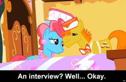 Size: 1024x671 | Tagged: safe, carrot cake, cup cake, comic:celestia's servant interview, caption, carrot cup, female, interview, male, shipping, straight