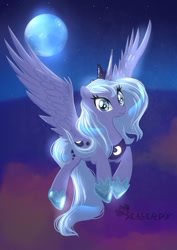 Size: 480x679 | Tagged: safe, artist:seagerdy, princess luna, alicorn, pony, flying, moon, solo