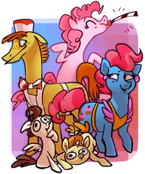 Size: 747x900 | Tagged: safe, artist:fickle, derpibooru import, carrot cake, cup cake, pinkie pie, pound cake, pumpkin cake, earth pony, pony, apron, cake family, clothes