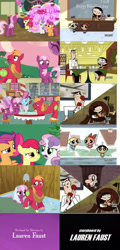 Size: 680x1419 | Tagged: safe, edit, edited screencap, screencap, apple bloom, big macintosh, cheerilee, cup cake, scootaloo, sweetie belle, earth pony, pony, hearts and hooves day (episode), cartoon network, comparison, cutie mark crusaders, holiday, lauren faust, male, mayor of townsville, ms. keane, professor utonium, reference, shovel, side by side, stallion, the powerpuff girls, valentine, valentine's day, wedding veil