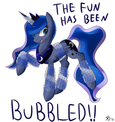 Size: 662x700 | Tagged: safe, artist:mrstufflebeam, princess luna, alicorn, pony, bound wings, bubble wrap, pun, raised hoof, simple background, solo, the fun has been bubbled, the fun has been doubled