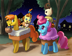 Size: 1150x897 | Tagged: safe, artist:johnjoseco, carrot cake, cup cake, pound cake, pumpkin cake, costume, halloween, mouth hold, ponies riding ponies, pumpkin bucket, the cakes, trick or treat
