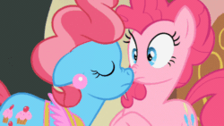 Size: 500x281 | Tagged: safe, artist:superedit, derpibooru import, edit, edited screencap, screencap, cup cake, pinkie pie, earth pony, pony, baby cakes, animated, boop, cakepie, cross-eyed, eyes closed, female, floppy ears, infidelity, kiss edit, kissing, lesbian, nose wrinkle, noseboop, surprise kiss, surprised, the great and powerful superedit, wide eyes