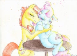 Size: 1053x765 | Tagged: safe, artist:prettypinkpony, carrot cake, cup cake, blushing, carrot cup, eyes closed, female, hug, love, male, shipping, smiling, snuggling, straight, table, the cakes, traditional art