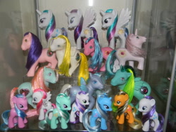 Size: 1024x768 | Tagged: safe, applejack, lyra heartstrings, princess celestia, rarity, sunny rays, sweetie belle, trixie, alicorn, earth pony, hybrid, pony, unicorn, g1, g3, brushable, combine, diamond rose, figure, princess rarity, prototype, toy