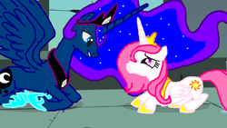 Size: 640x360 | Tagged: safe, princess celestia, princess luna, recolor, role reversal, shattered glass