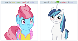 Size: 527x280 | Tagged: safe, cup cake, shining armor, pony, unicorn, exploitable meme, juxtaposition, juxtaposition win, meta