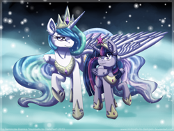 Size: 900x675 | Tagged: safe, artist:inuhoshi-to-darkpen, princess celestia, twilight sparkle, twilight sparkle (alicorn), alicorn, pony, female, mare, snow, snowfall, void