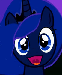 Size: 303x366 | Tagged: safe, princess luna, alicorn, pony, bust, faic, go to bread, looking at you, open mouth, ponyface, portrait, reaction image, smiling, solo