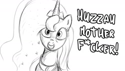 Size: 1280x720 | Tagged: safe, artist:dori-to, princess luna, alicorn, pony, monochrome, solo, vulgar