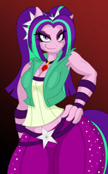 Size: 958x1536 | Tagged: safe, artist:lil miss jay, aria blaze, anthro, equestria girls, rainbow rocks, aria brute, aria buff, arse-ia blaze, bedroom eyes, cleavage, equestria girls outfit, female, full service playing cards, hand on hip, hips, muscles, smirk, solo, thighs, thunder thighs, wide hips