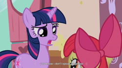 Size: 900x506 | Tagged: safe, screencap, apple bloom, twilight sparkle, friendship is witchcraft, cute from the hip, japanese, youtube caption