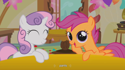 Size: 900x506 | Tagged: safe, screencap, scootaloo, sweetie belle, pegasus, pony, unicorn, duo, duo female, female, youtube caption