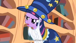 Size: 900x506 | Tagged: safe, screencap, twilight sparkle, pony, unicorn, female, mare, purple coat, solo, youtube caption