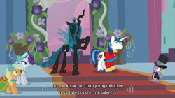 Size: 628x352 | Tagged: safe, derpibooru import, screencap, queen chrysalis, changeling, changeling queen, derpibooru, female, poop, youtube caption