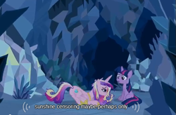 Size: 525x345 | Tagged: safe, screencap, princess cadance, twilight sparkle, alicorn, pony, a canterlot wedding, censorship, crystal caverns, maybe perhaps only, sunshine sunshine, youtube caption