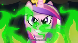 Size: 636x350 | Tagged: safe, derpibooru import, screencap, princess cadance, queen chrysalis, alicorn, changeling, changeling queen, pony, derpibooru, disguise, disguised changeling, evil, harsher in hindsight, youtube caption