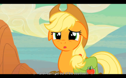 Size: 1024x640 | Tagged: safe, derpibooru import, screencap, applejack, earth pony, pony, the last roundup, solo, youtube caption