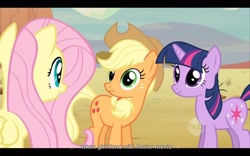 Size: 1680x1050 | Tagged: safe, derpibooru import, screencap, applejack, fluttershy, twilight sparkle, earth pony, pegasus, pony, the last roundup, appletwishy, youtube caption