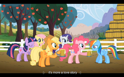 Size: 1024x640 | Tagged: safe, derpibooru import, screencap, applejack, fluttershy, pinkie pie, rainbow dash, rarity, twilight sparkle, earth pony, pegasus, pony, unicorn, the super speedy cider squeezy 6000, cider, love story, youtube caption