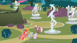 Size: 1366x768 | Tagged: safe, screencap, apple bloom, cheerilee, diamond tiara, discord, scootaloo, silver spoon, snails, snips, sweetie belle, twist, cutie mark crusaders, statue, youtube caption