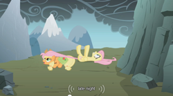 Size: 500x277 | Tagged: safe, derpibooru import, screencap, applejack, fluttershy, earth pony, pegasus, pony, female, mare, youtube caption