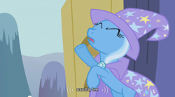 Size: 500x277 | Tagged: safe, screencap, trixie, pony, unicorn, blue coat, female, horn, mare, solo, two toned mane, youtube caption