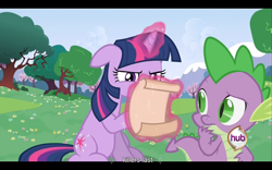 Size: 960x600 | Tagged: safe, screencap, spike, twilight sparkle, dragon, a canterlot wedding, youtube caption