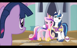 Size: 960x600 | Tagged: safe, screencap, princess cadance, shining armor, twilight sparkle, alicorn, pony, unicorn, a canterlot wedding, youtube caption