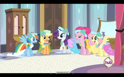 Size: 960x600 | Tagged: safe, derpibooru import, screencap, applejack, fluttershy, pinkie pie, rainbow dash, rarity, earth pony, pegasus, pony, unicorn, a canterlot wedding, bridesmaid dress, clothes, dress, hub logo, password, youtube caption