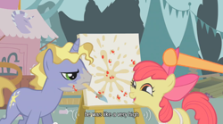 Size: 500x277 | Tagged: safe, screencap, apple bloom, earth pony, pony, unicorn, apple bloom's bow, female, filly, mad, male, paintbrush, smiling, stallion, youtube caption