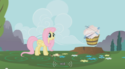 Size: 640x355 | Tagged: safe, derpibooru import, screencap, fluttershy, parasprite, pegasus, pony, bucket, ocd, youtube caption