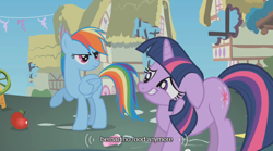 Size: 640x355 | Tagged: safe, derpibooru import, screencap, rainbow dash, twilight sparkle, pegasus, pony, youtube caption