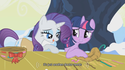 Size: 500x277 | Tagged: safe, derpibooru import, screencap, rarity, twilight sparkle, pony, unicorn, nest, youtube caption