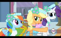 Size: 960x600 | Tagged: safe, derpibooru import, screencap, applejack, rainbow dash, rarity, earth pony, pegasus, pony, unicorn, a canterlot wedding, youtube caption