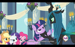 Size: 960x600 | Tagged: safe, derpibooru import, screencap, applejack, fluttershy, pinkie pie, queen chrysalis, rarity, twilight sparkle, changeling, changeling queen, earth pony, pegasus, pony, unicorn, a canterlot wedding, derpibooru, female, youtube caption