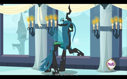 Size: 960x600 | Tagged: safe, derpibooru import, screencap, queen chrysalis, changeling, changeling queen, pony, a canterlot wedding, candle, derpibooru, female, mare, plot, youtube caption