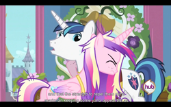 Size: 960x600 | Tagged: safe, screencap, princess cadance, shining armor, alicorn, pony, unicorn, a canterlot wedding, female, male, shiningcadance, shipping, straight, youtube caption