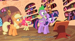 Size: 1279x705 | Tagged: safe, derpibooru import, screencap, apple bloom, applejack, spike, twilight sparkle, dragon, earth pony, pony, the cutie pox, dragons riding ponies, riding, youtube caption