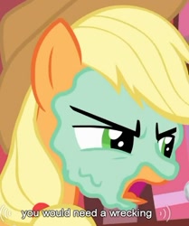 Size: 377x451 | Tagged: safe, derpibooru import, screencap, applejack, earth pony, pony, look before you sleep, meme, mud mask, solo, youtube caption