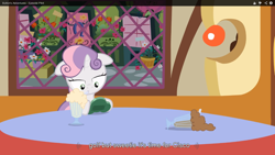 Size: 1364x768 | Tagged: safe, screencap, sweetie belle, button's adventures, joy boy, meme, milkshake, solo, youtube caption