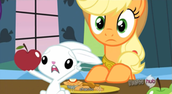 Size: 851x468 | Tagged: safe, derpibooru import, screencap, angel bunny, applejack, earth pony, pony, keep calm and flutter on, meme, youtube caption