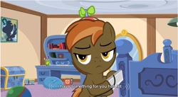 Size: 857x471 | Tagged: safe, screencap, button mash, earth pony, pony, ball, bed, book, button's adventures, colt, foal, hooves, male, meme, mirror, poster, solo, subtitles, youtube caption