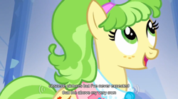 Size: 640x355 | Tagged: safe, screencap, chickadee, ms. peachbottom, games ponies play, meme, ms. chickenbottom, solo, youtube caption