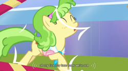 Size: 640x355 | Tagged: safe, screencap, chickadee, ms. peachbottom, games ponies play, meme, mlp-captions, solo, youtube caption