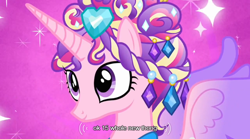 Size: 640x355 | Tagged: safe, screencap, princess cadance, alicorn, pony, games ponies play, ceremonial headdress, meme, mlp-captions, solo, youtube caption